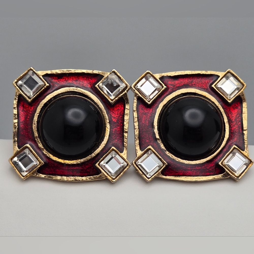 Vintage Craft Black Cabochon Red Enamel Rhinestone Clip On Earrings